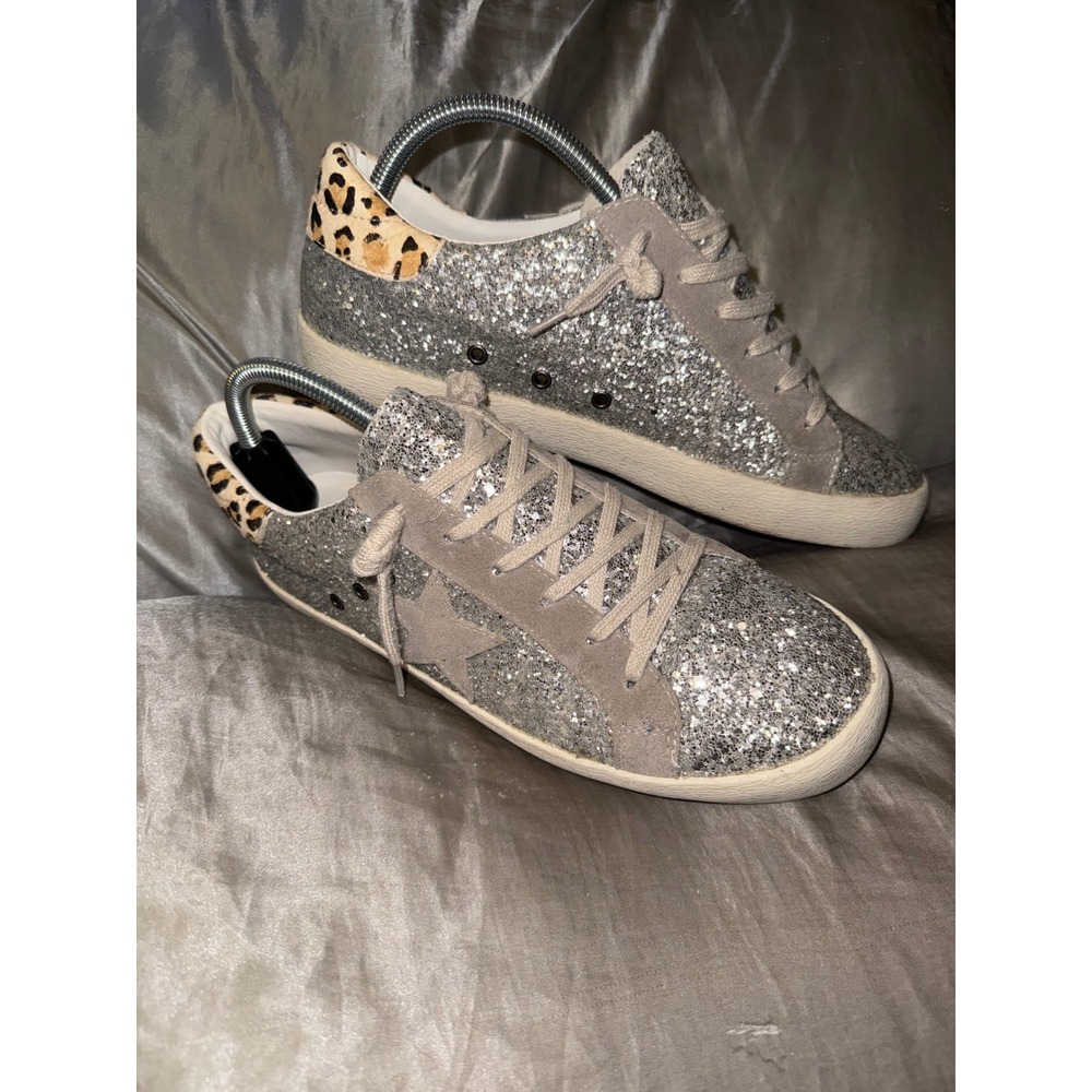 Mi.iM Silver Glitter Star Sneaker Leopard Low Top Womens 9 Y2K Glam Sparkle